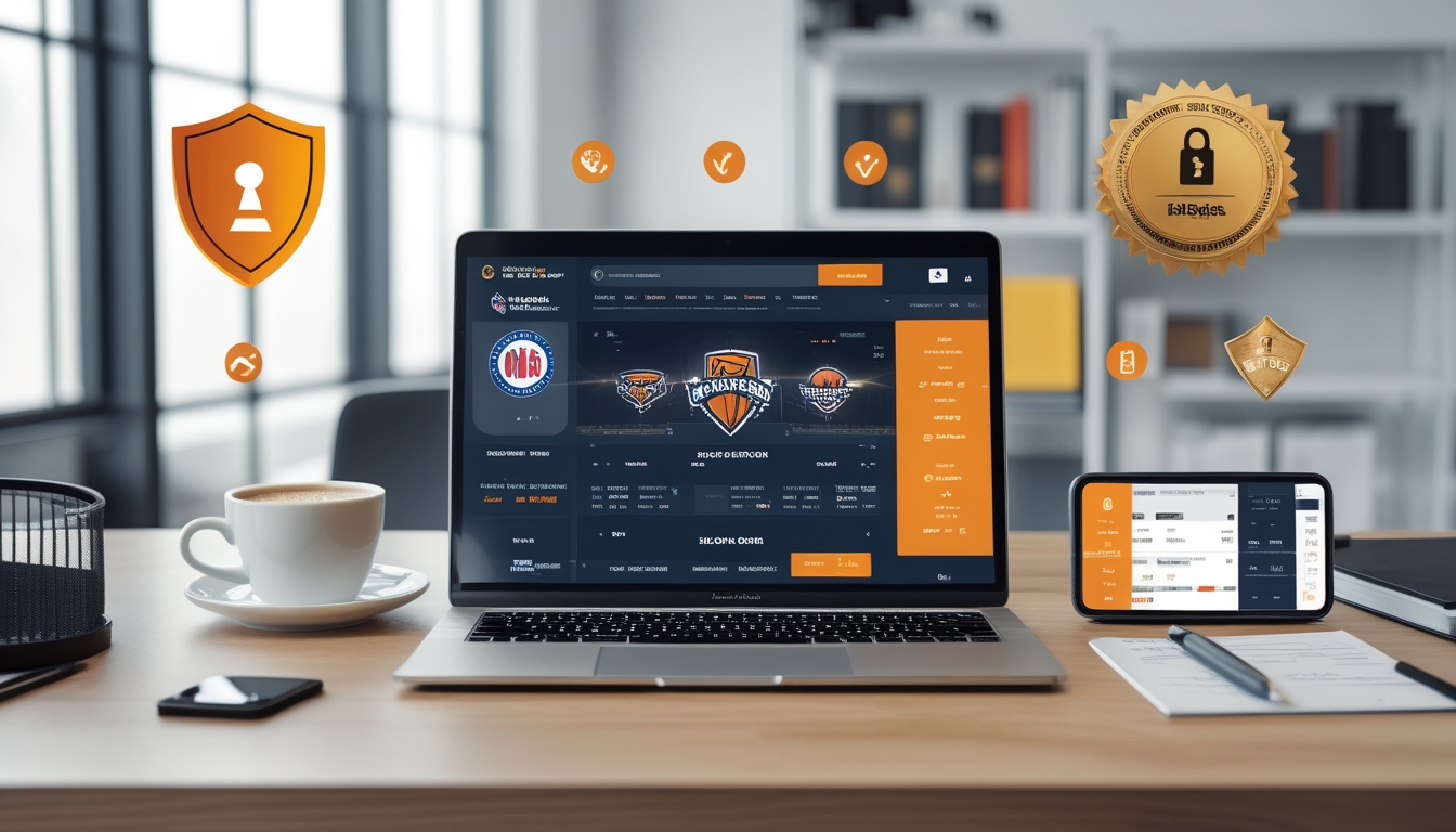 Seorang pria bekerja di depan laptop dengan tampilan situs taruhan NBA di meja kantor yang rapi dan terang.