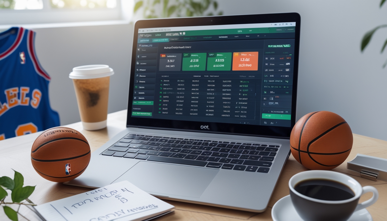 Meja kerja modern dengan laptop, ponsel, dan catatan yang menunjukkan aktivitas taruhan NBA, dikelilingi oleh barang-barang bertema bola basket.