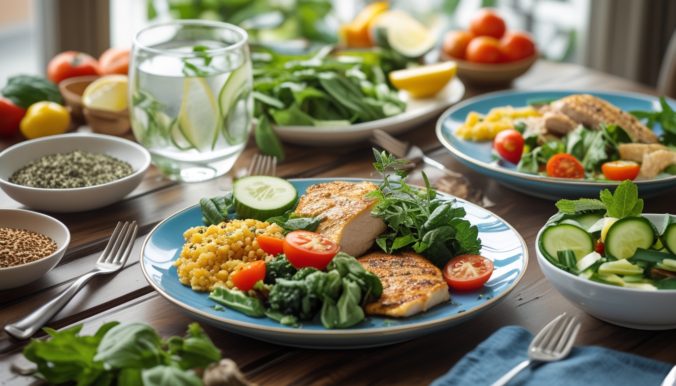 Meja makan dengan hidangan masakan rumahan sehat rendah kalori yang terdiri dari sayuran segar, protein tanpa lemak, dan biji-bijian, dengan segelas air lemon dan salad segar di sampingnya.