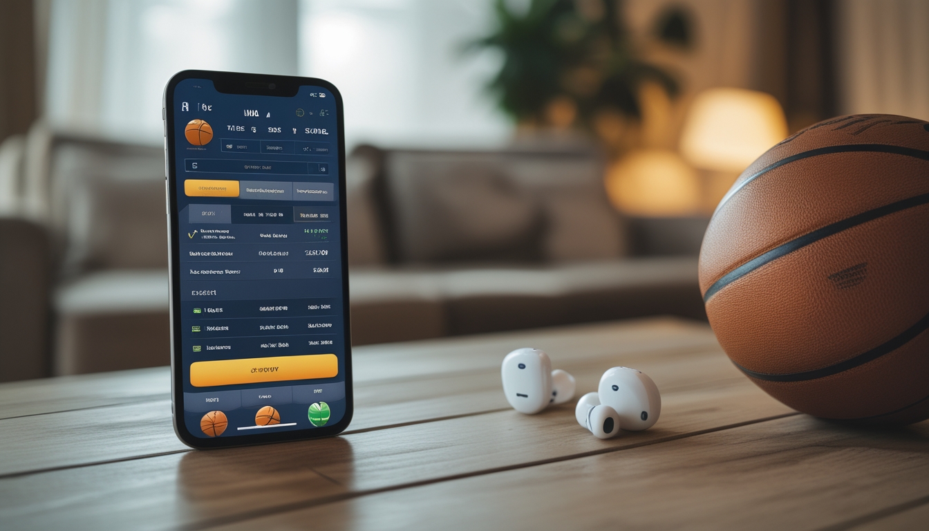 Ponsel menampilkan aplikasi taruhan bola basket di atas meja kayu dengan bola basket dan earbud di sebelahnya di ruang tamu yang nyaman.