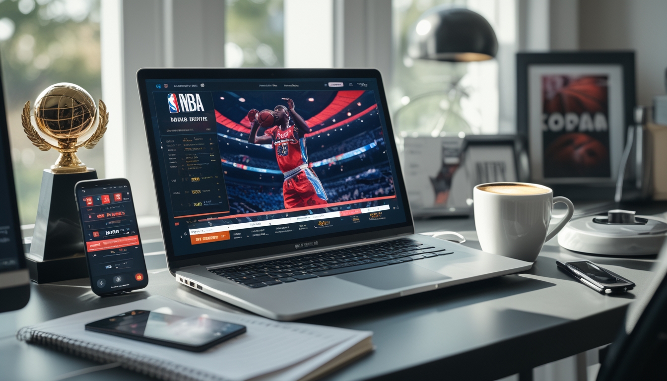 Meja kerja dengan laptop menampilkan pertandingan NBA, ponsel dengan aplikasi taruhan, dan dekorasi bertema bola basket.