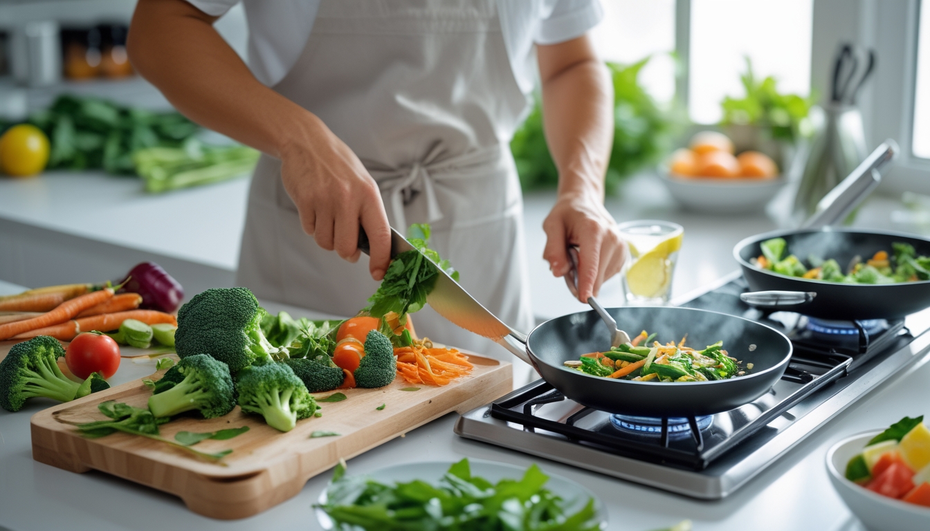 Seseorang sedang menyiapkan masakan sehat tanpa minyak di dapur dengan sayuran segar dan peralatan memasak.
