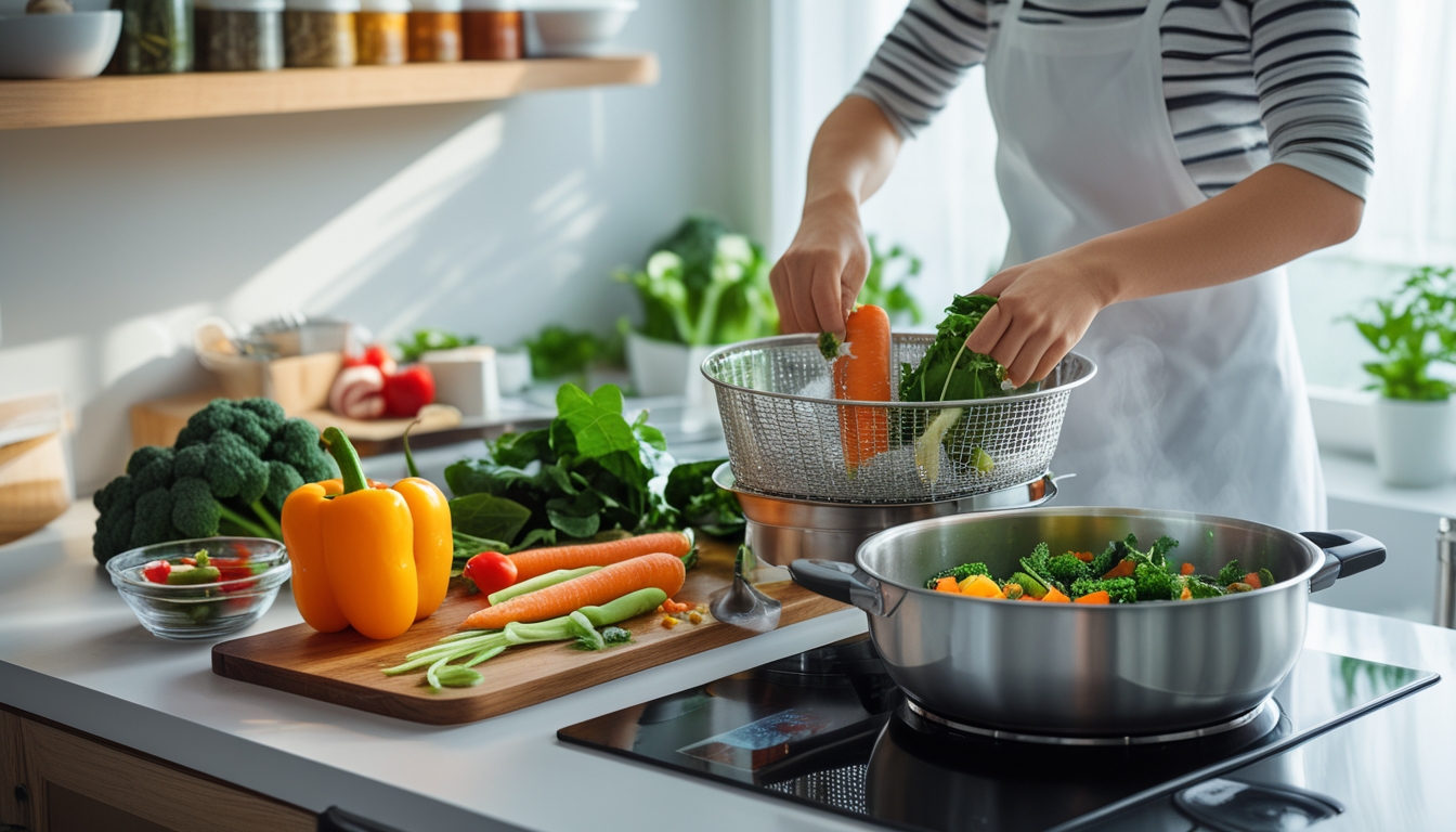 Seseorang sedang memasak sayuran segar dengan cara dikukus di dapur modern yang terang dan rapi.