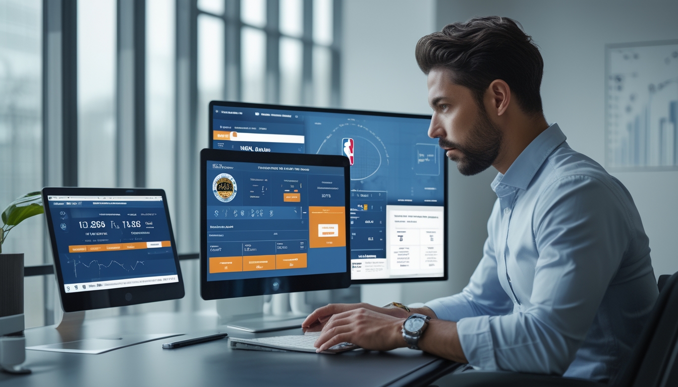 Seorang pria bisnis duduk di meja modern, melihat layar digital dengan statistik bola basket dan ikon keamanan situs taruhan NBA.