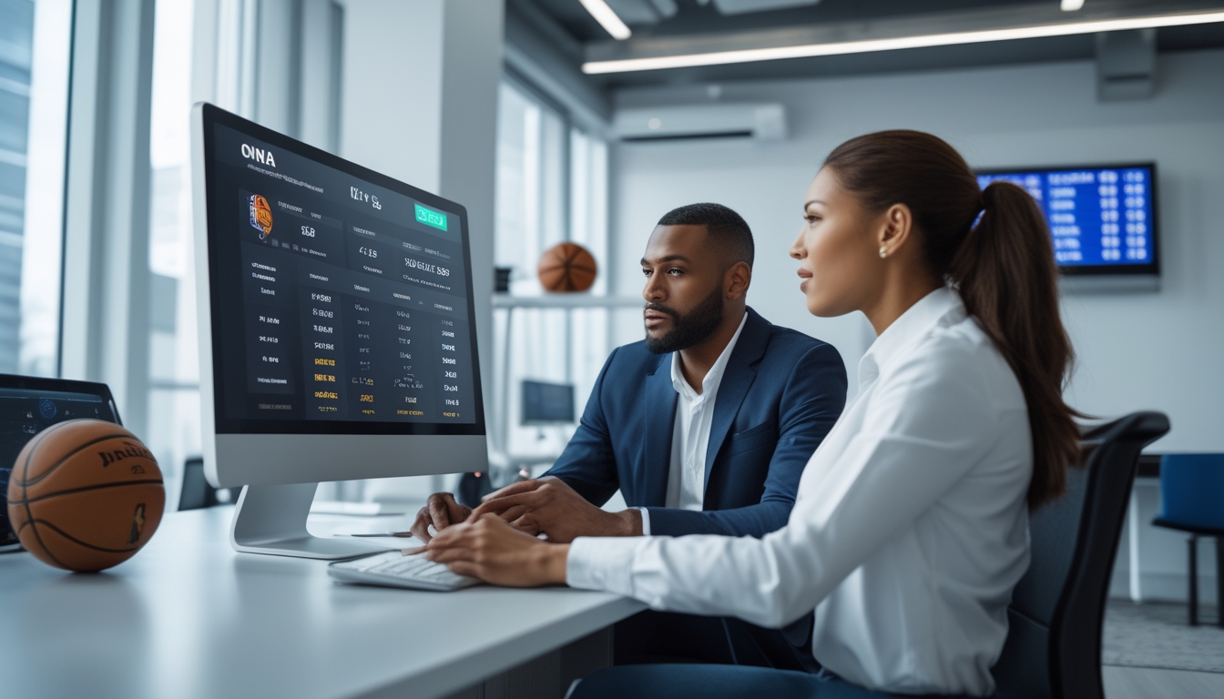 Dua orang sedang duduk di meja kantor modern melihat layar komputer dengan statistik dan peluang taruhan NBA.