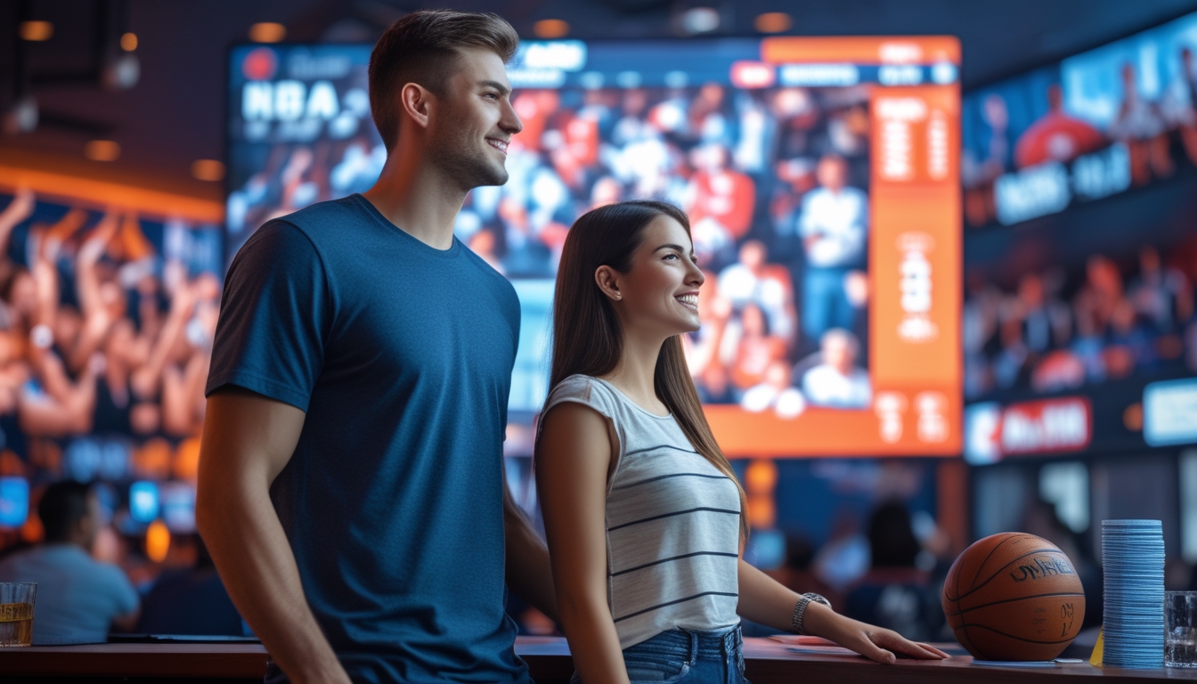 Seorang pria dan wanita berdiri di bar olahraga modern menonton pertandingan NBA di layar besar dengan suasana penuh semangat.