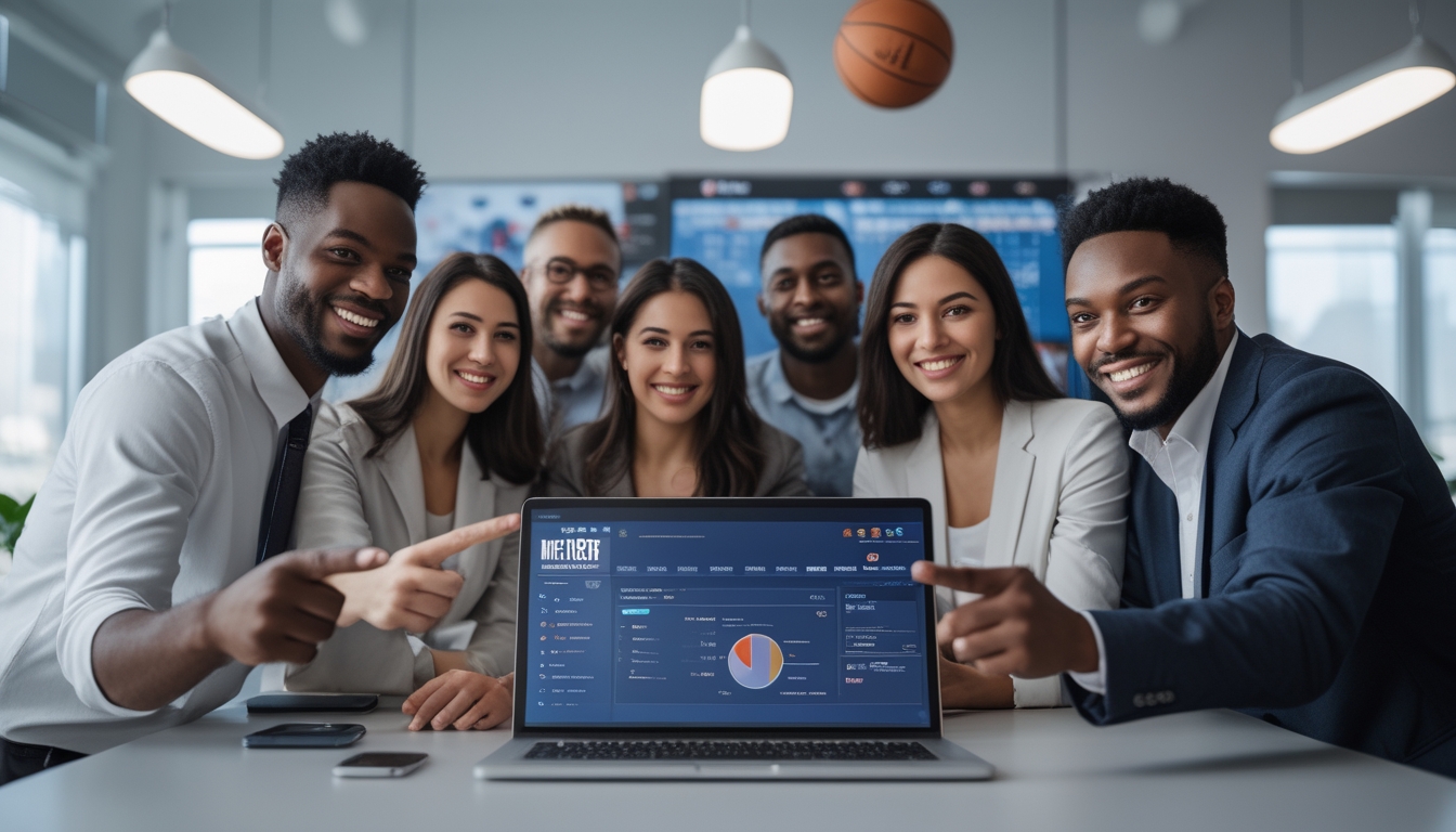 Sekelompok orang beragam sedang melihat layar perangkat digital yang menampilkan konten NBA, di ruang kantor modern dengan pencahayaan alami.