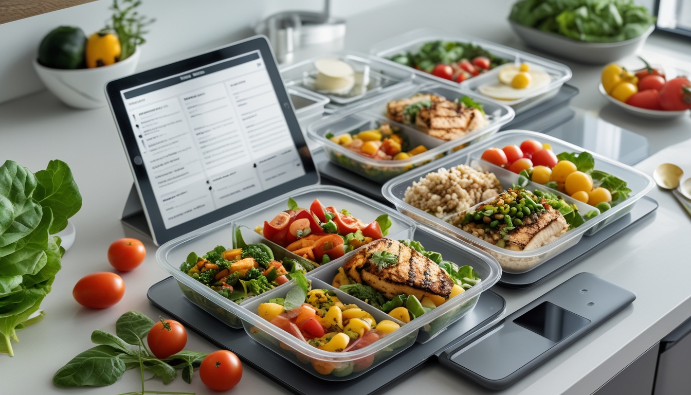 Beberapa wadah makanan sehat yang sudah dipersiapkan di meja dapur dengan sayuran segar, protein, dan biji-bijian, serta perangkat digital di sampingnya.