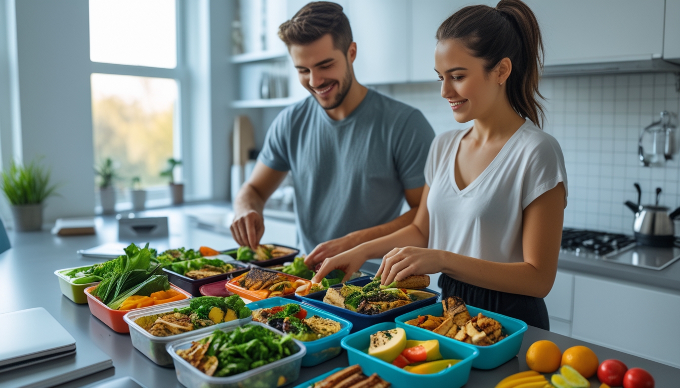 Dua orang dewasa sedang menyiapkan makanan sehat dalam wadah di dapur modern dengan berbagai sayuran segar, protein, dan buah-buahan.