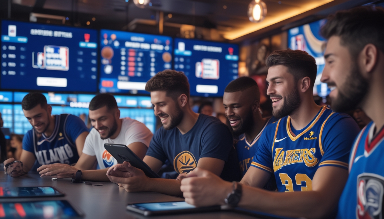 Sekelompok penggemar basket menonton pertandingan NBA di layar besar sambil menggunakan perangkat untuk memasang taruhan.