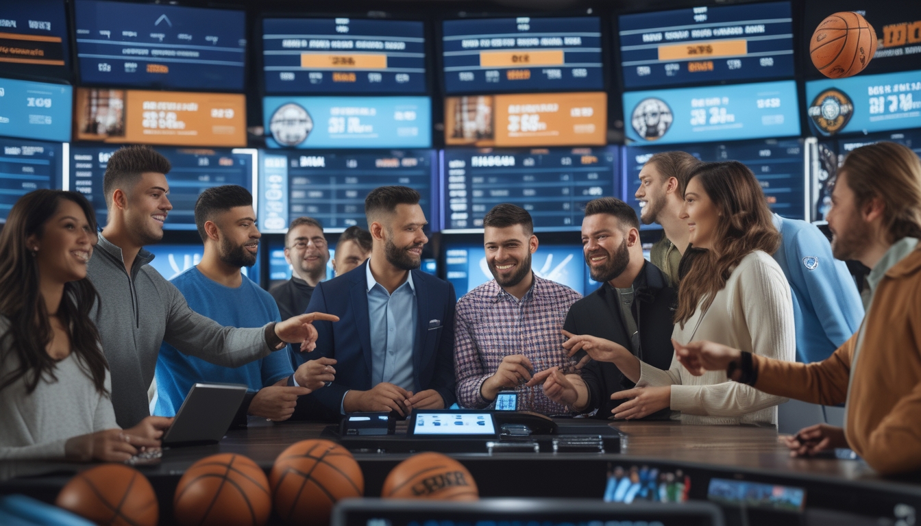 Sekelompok orang sedang melihat layar besar yang menampilkan statistik dan peluang taruhan NBA dalam sebuah ruang olahraga modern.