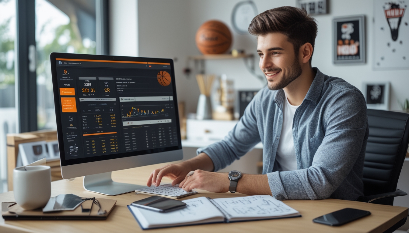 Seorang pria muda duduk di meja dengan laptop, melihat statistik dan peluang taruhan NBA di ruangan berisi memorabilia bola basket.