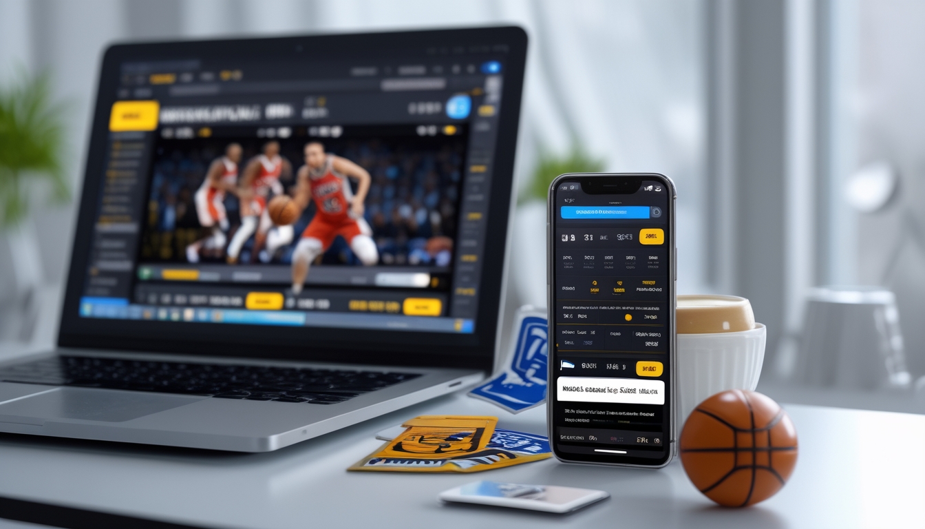 Seorang pria menggunakan laptop dan ponsel untuk memasang taruhan NBA online di meja kerja yang rapi dengan aksesori bertema bola basket.