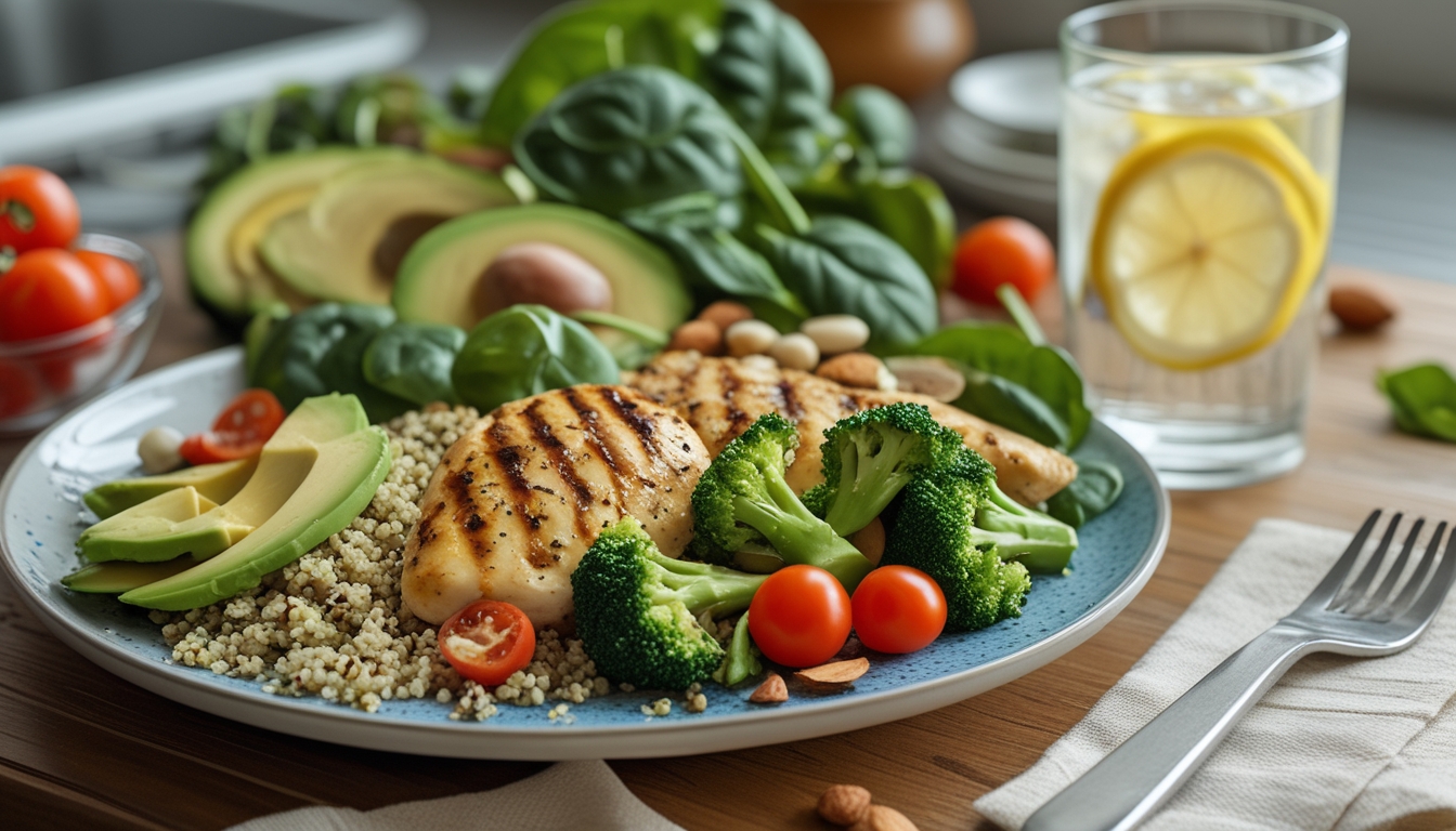 Piring berisi makanan sehat tinggi protein dengan ayam panggang, brokoli, quinoa, dan alpukat di atas meja kayu di dapur rumah.