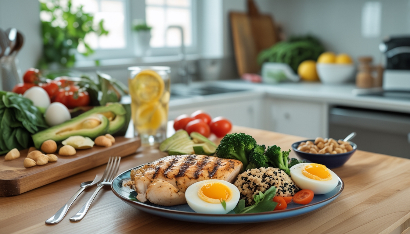 Piring makanan sehat tinggi protein dengan ayam panggang, brokoli, quinoa, dan telur rebus di atas meja kayu di dapur rumah yang terang.