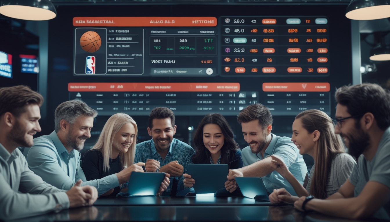 Sejumlah orang sedang melihat layar besar yang menampilkan statistik dan skor pertandingan NBA, sambil menggunakan perangkat elektronik di ruang bertema olahraga.