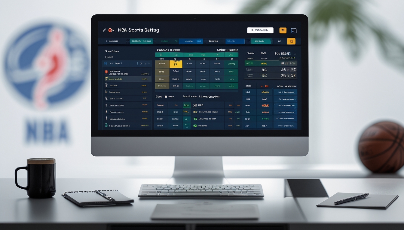 Meja kerja dengan komputer menampilkan statistik dan peluang taruhan NBA, ponsel dengan pertandingan NBA langsung, serta catatan dan kopi di sampingnya.