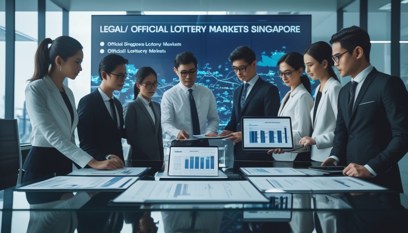 Sekelompok profesional bisnis sedang berdiskusi di ruang kantor modern dengan layar digital yang menampilkan peta dan data terkait pasar togel resmi Singapura.
