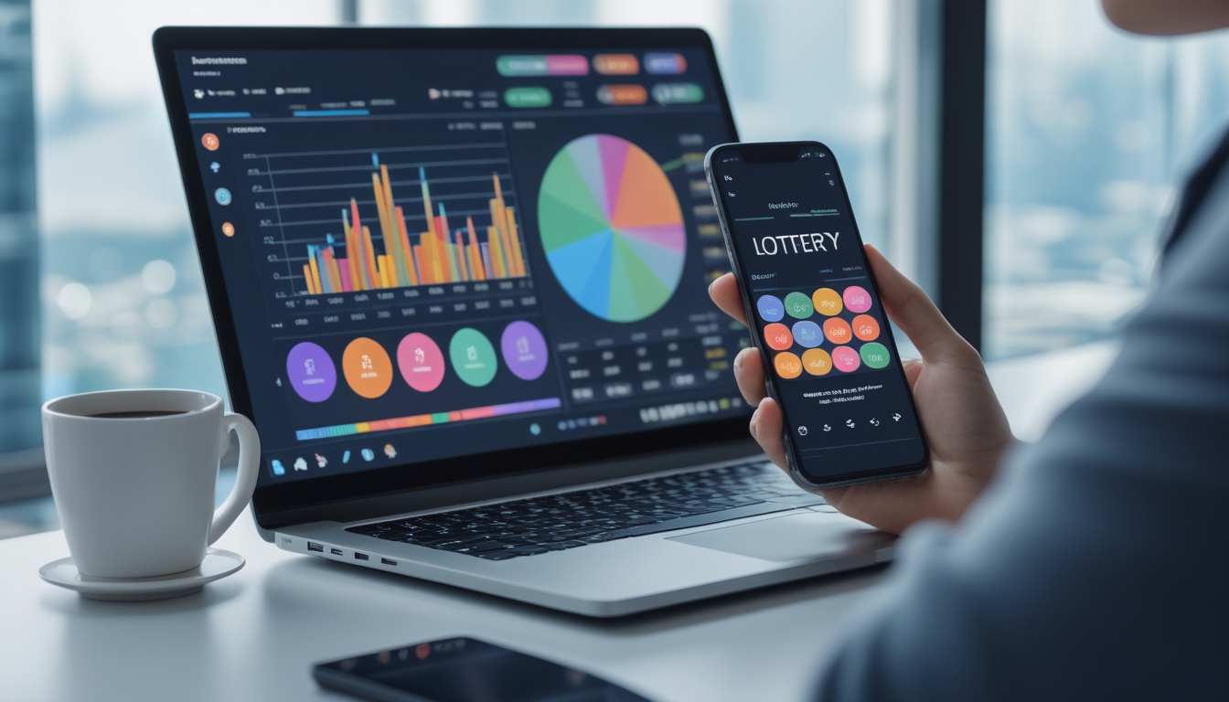 Meja kerja modern dengan laptop yang menampilkan grafik warna-warni, ponsel dengan aplikasi taruhan, dan secangkir kopi di atasnya.