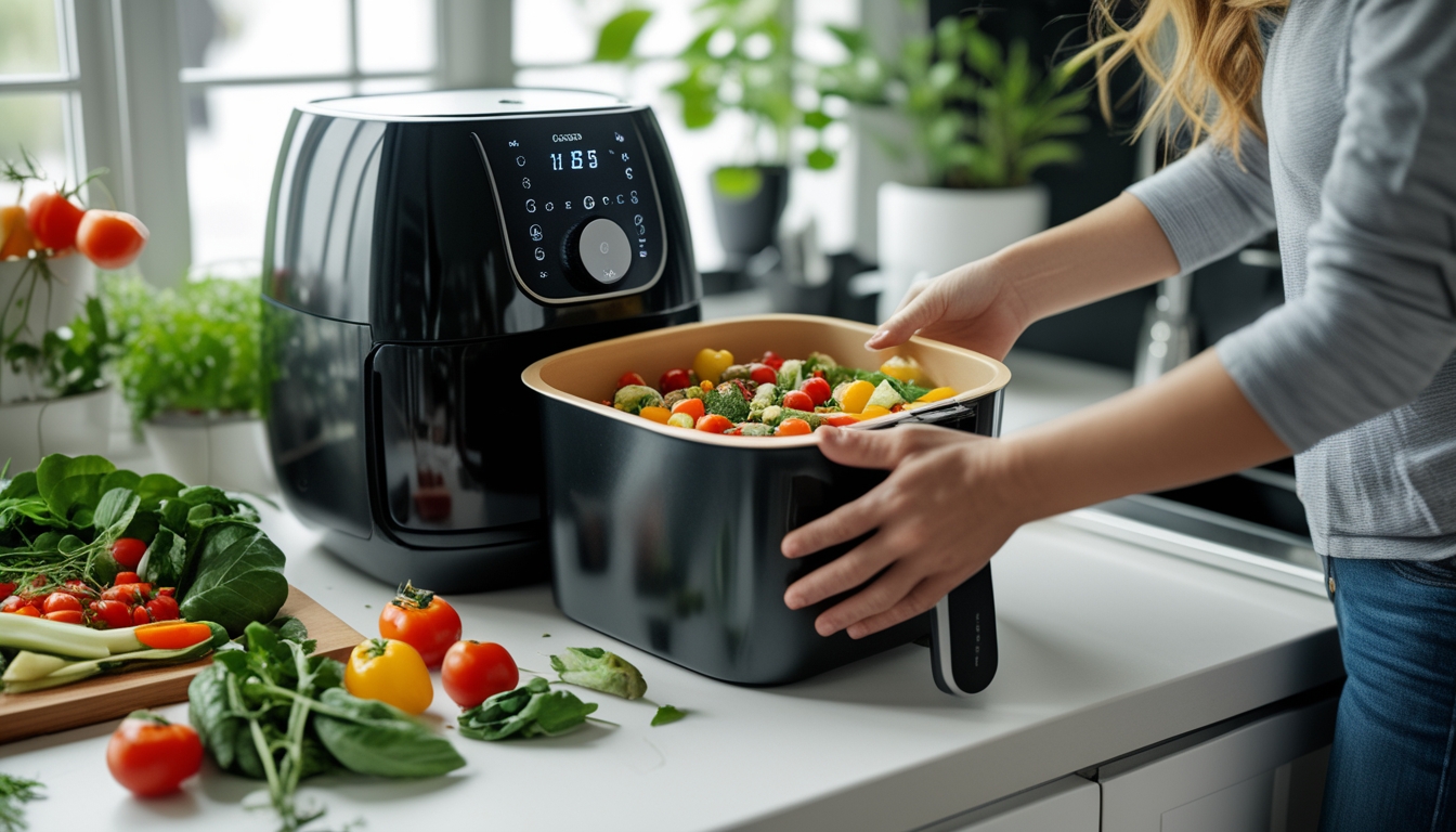 Dapur modern dengan air fryer dan sayuran segar di meja, seseorang sedang memasukkan sayuran ke dalam air fryer.