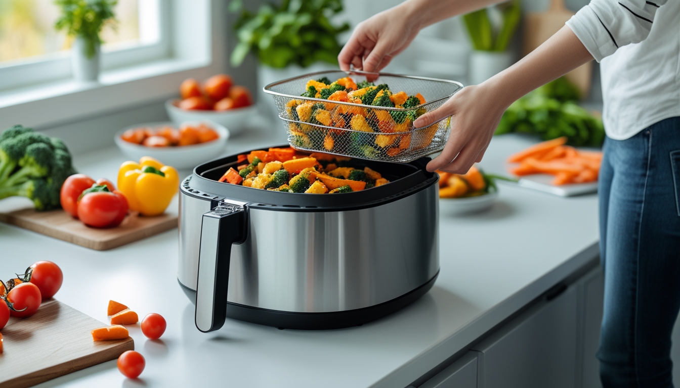 Seorang pria sedang memasak sayuran segar menggunakan air fryer di dapur yang terang dan rapi.