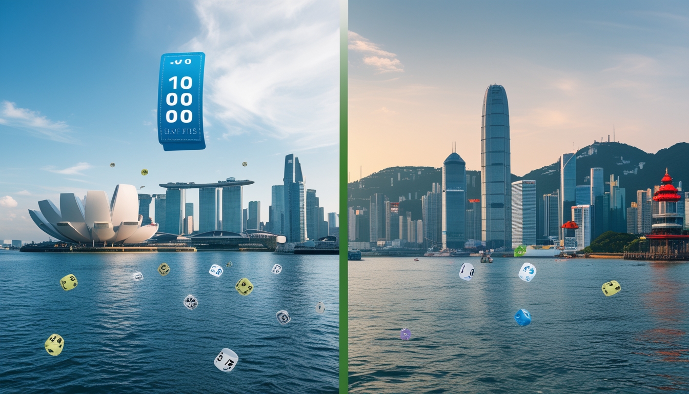 Pemandangan kota Singapura dan Hong Kong dengan elemen-elemen lotere yang menggambarkan perbedaan utama antara pasar togel kedua kota tersebut.