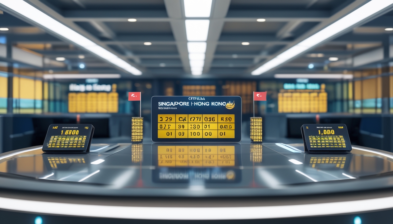 Suasana kantor modern dengan layar digital menampilkan angka lotere dan simbol kota Singapura serta Hong Kong di latar belakang.