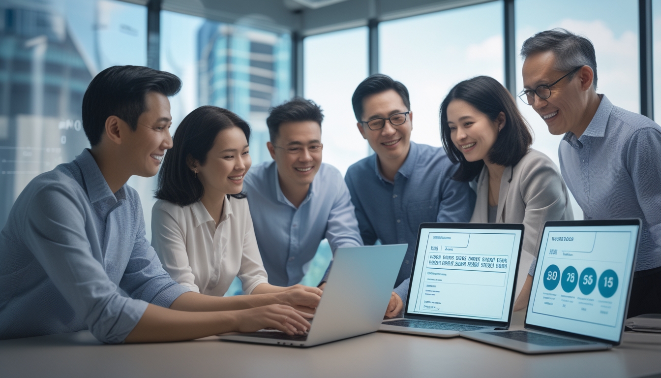 Sekelompok orang dewasa sedang menggunakan laptop dan perangkat digital di kantor modern dengan latar belakang kota Singapore dan Hongkong.