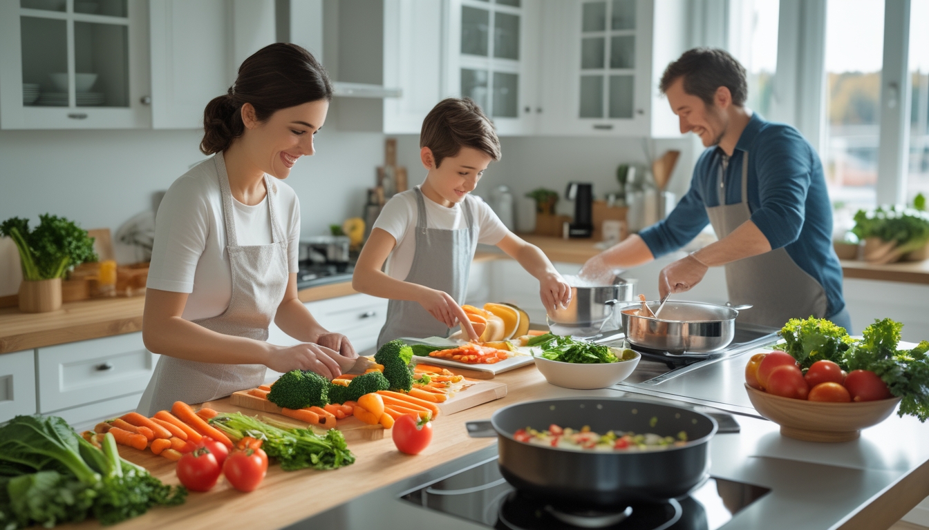 Keluarga sedang memasak makanan sehat bersama di dapur dengan sayuran segar dan alat masak.