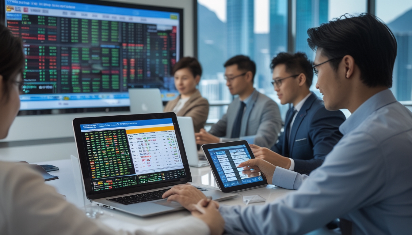 Orang-orang di kantor modern sedang menggunakan perangkat digital untuk melihat hasil undian togel secara langsung dengan pemandangan kota Hong Kong di latar belakang.