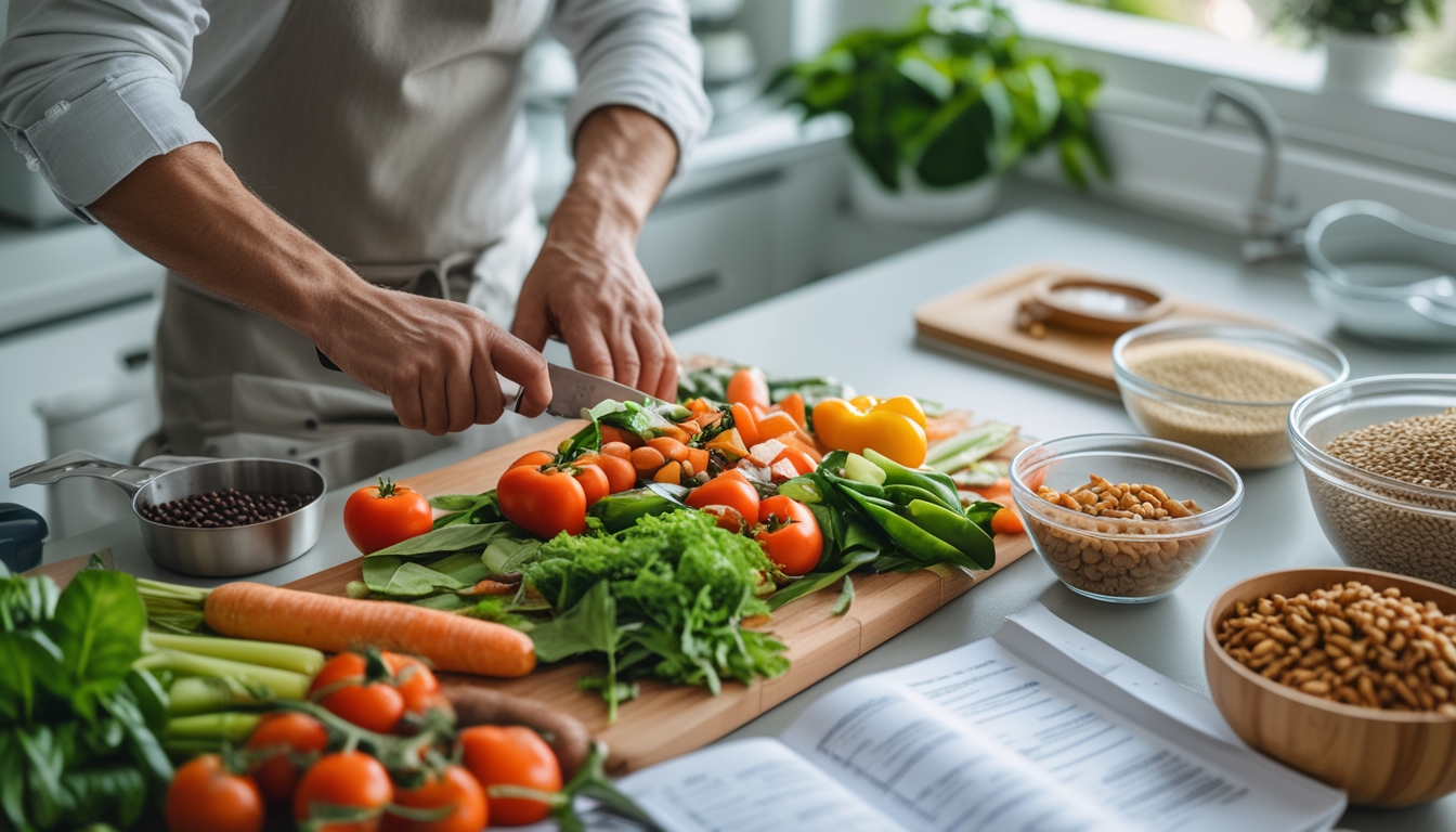 Seseorang sedang memotong sayuran segar di dapur yang terang dengan bahan makanan sehat untuk memasak makanan keluarga yang hemat.