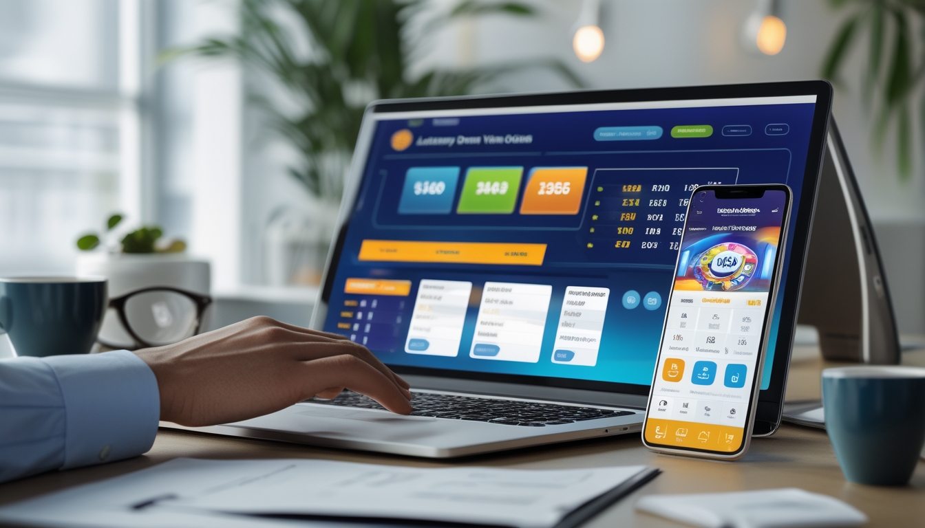 Meja kerja modern dengan laptop dan ponsel yang menampilkan tampilan aplikasi togel online, dikelilingi oleh cangkir kopi dan dokumen yang rapi.