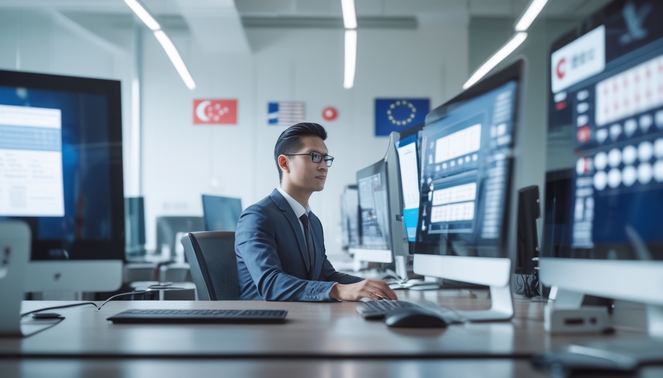 Seorang profesional duduk di meja kerja dengan beberapa layar komputer menampilkan data digital, di ruang kantor modern dengan dekorasi yang menunjukkan hubungan dengan Singapura dan Hongkong.