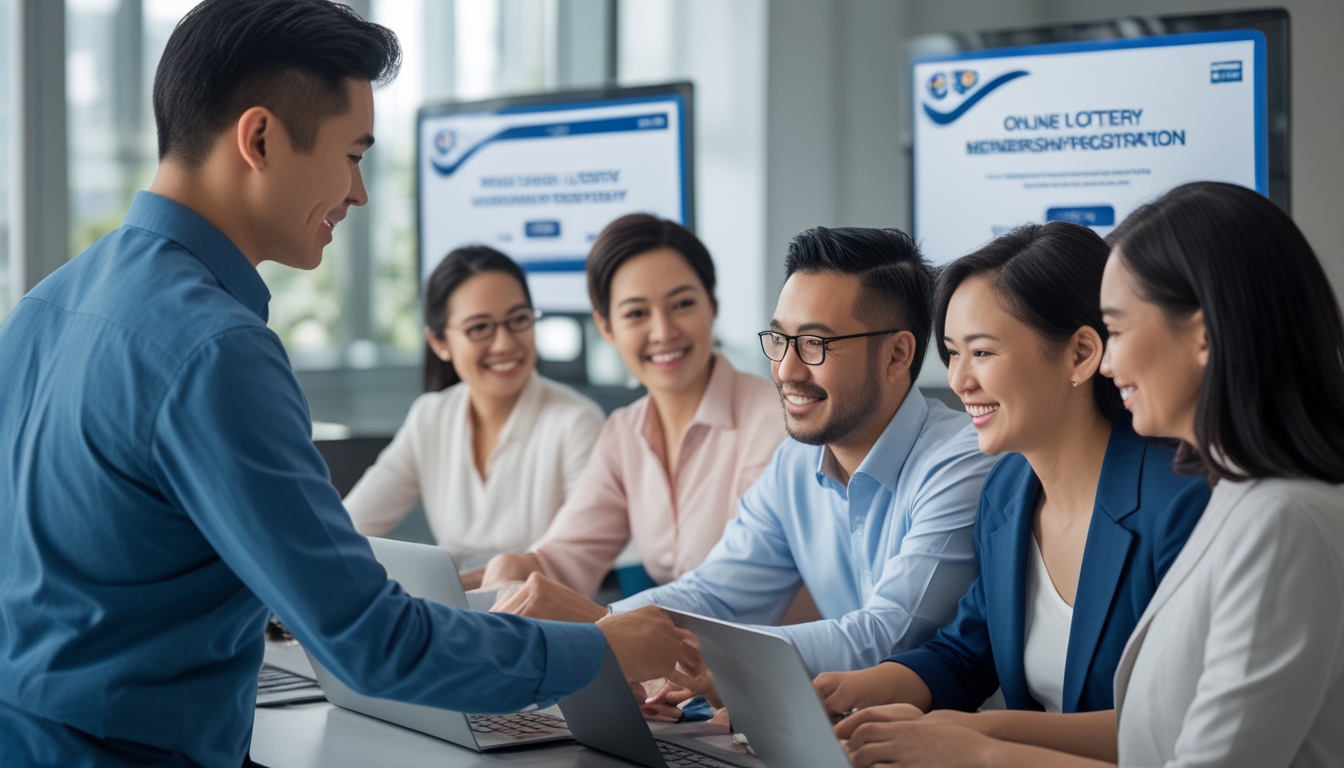 Seorang perwakilan layanan pelanggan yang ramah membantu sekelompok orang dewasa di kantor modern dengan komputer di latar belakang.