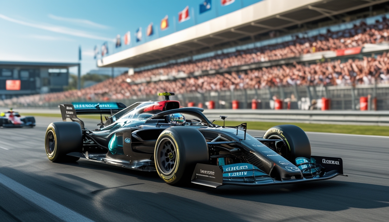 Mobil Formula 1 futuristik melaju kencang di lintasan balap dengan penonton yang antusias di tribun.