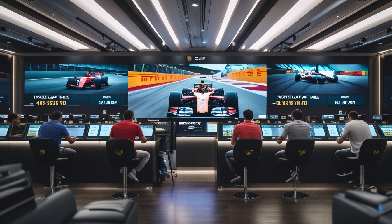 Orang-orang sedang memasang taruhan Formula 1 dengan layar digital menampilkan informasi balapan dan peluang taruhan secara langsung.