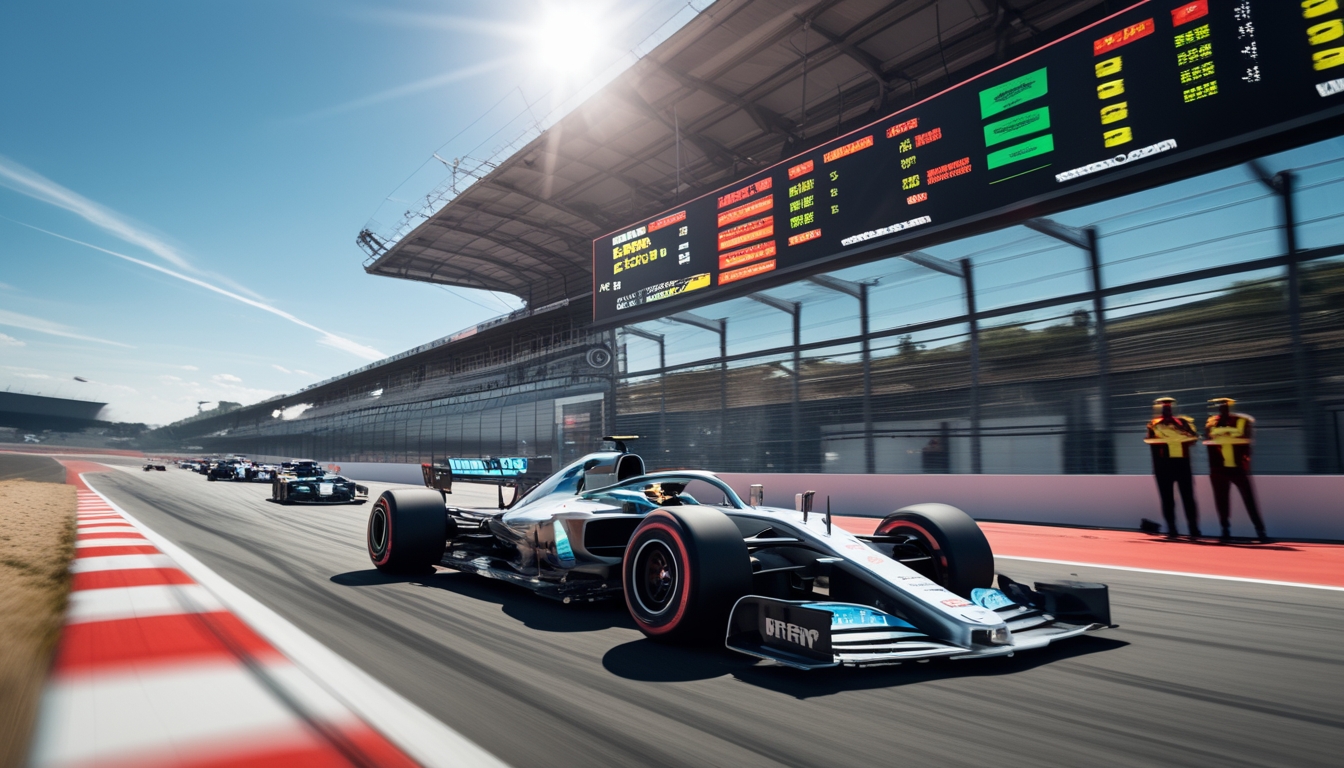 Mobil Formula 1 sedang melaju cepat di lintasan balap dengan papan skor digital menampilkan informasi balapan di latar belakang.