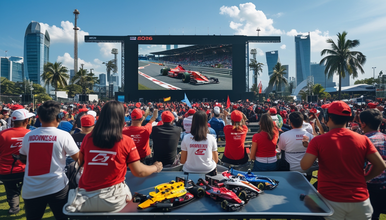Sekelompok penggemar balap F1 Indonesia menonton balapan Formula 1 di layar besar di luar ruangan dengan latar kota dan pohon palem.