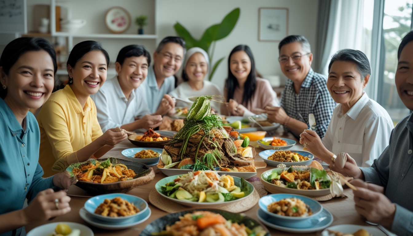 Keluarga besar sedang berkumpul dan menikmati hidangan bersama di meja makan yang penuh dengan berbagai masakan tradisional Indonesia.
