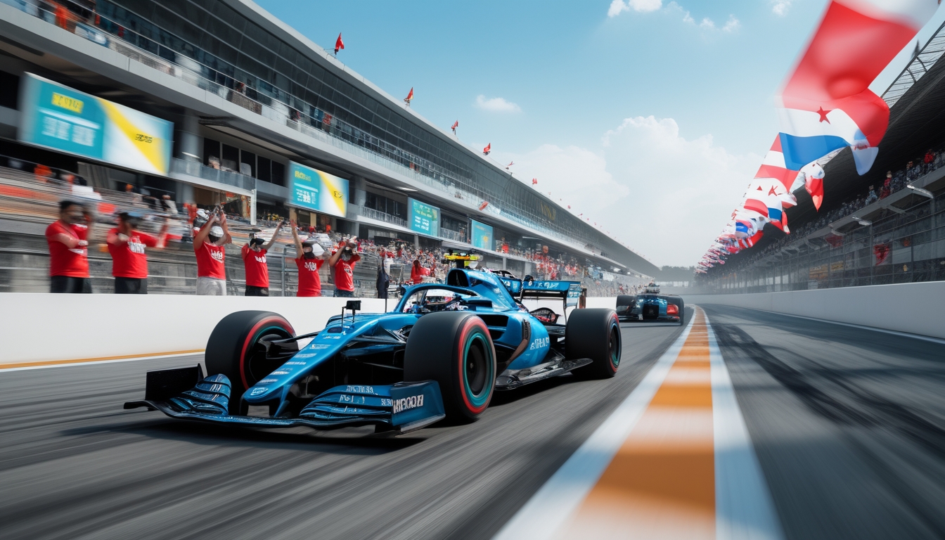 Mobil Formula 1 melaju cepat di lintasan balap dengan penonton Indonesia yang antusias di tribun.