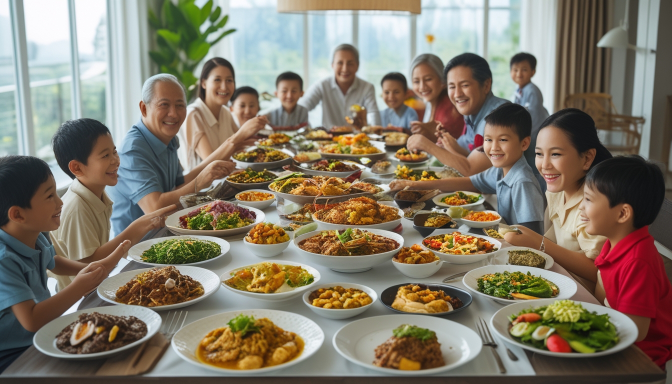 Keluarga besar sedang berkumpul dan menikmati hidangan bersama di meja makan yang penuh dengan berbagai masakan tradisional.