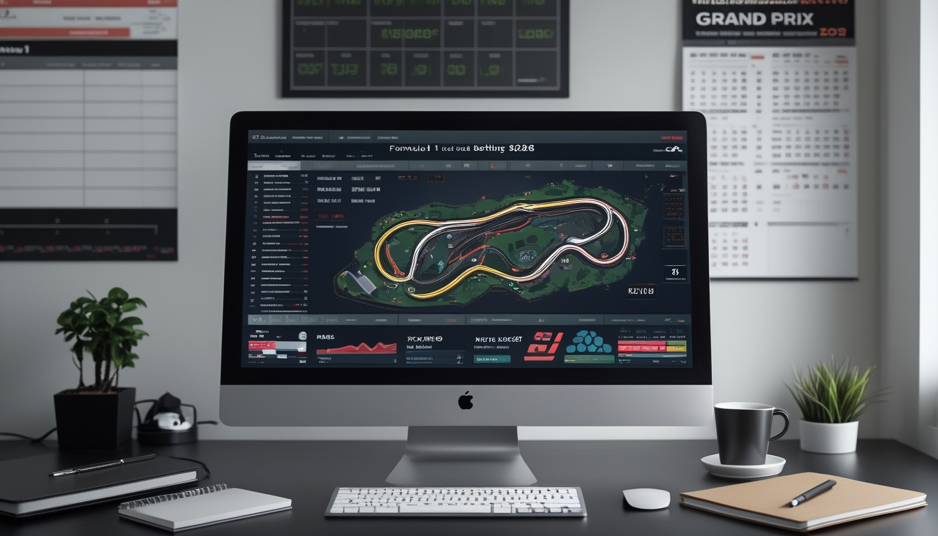 Meja kerja dengan komputer yang menampilkan peta lintasan Formula 1 dan statistik taruhan, dikelilingi oleh alat tulis dan model mobil Formula 1 kecil.