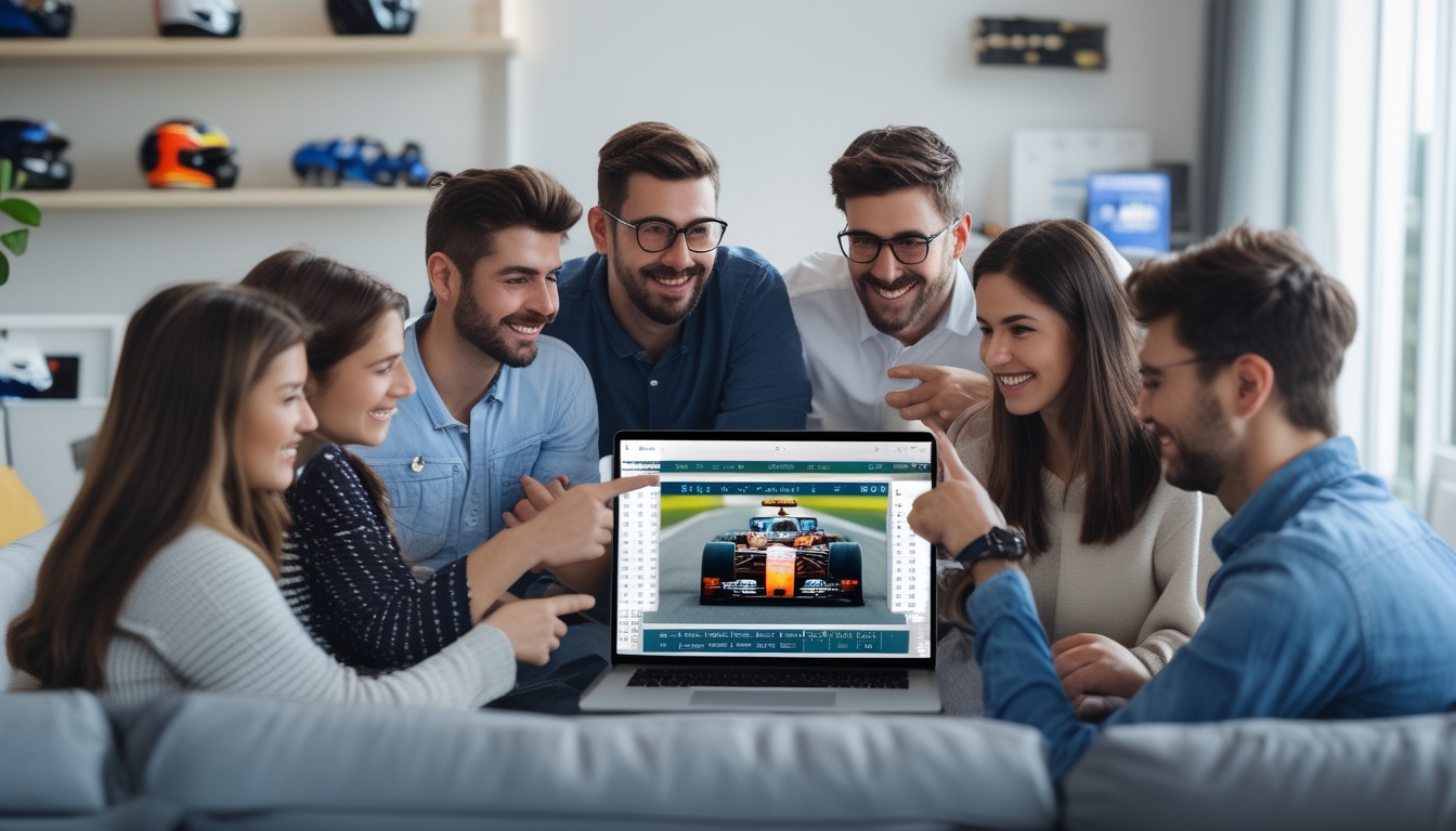 Sekelompok orang muda sedang berkumpul di ruang tamu sambil melihat balapan Formula 1 di layar laptop dan tablet dengan suasana belajar dan antusias.