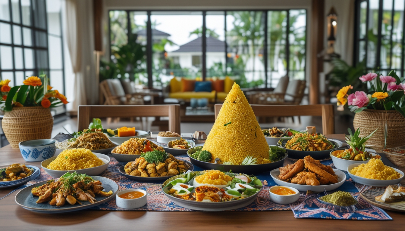 Meja makan dengan hidangan tradisional Indonesia yang lengkap untuk acara syukuran rumah baru, dengan berbagai makanan dan dekorasi di dalam rumah yang terang.