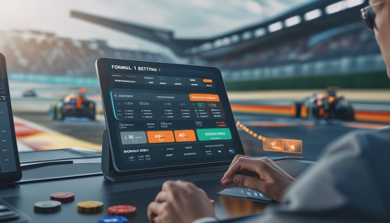 Seseorang menggunakan perangkat layar sentuh dengan latar belakang lintasan balap Formula 1 yang futuristik dan mobil balap yang sedang melaju cepat.