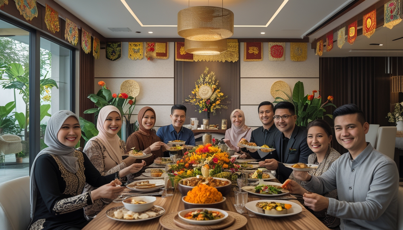 Sekelompok orang merayakan syukuran rumah baru dengan hidangan khas di meja makan yang penuh warna dan dekorasi tradisional di dalam rumah.
