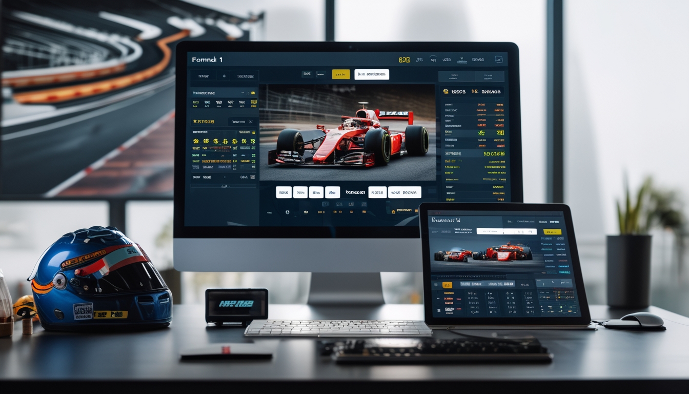 Meja kerja modern dengan komputer dan perangkat yang menampilkan grafik balap Formula 1 dan antarmuka taruhan.