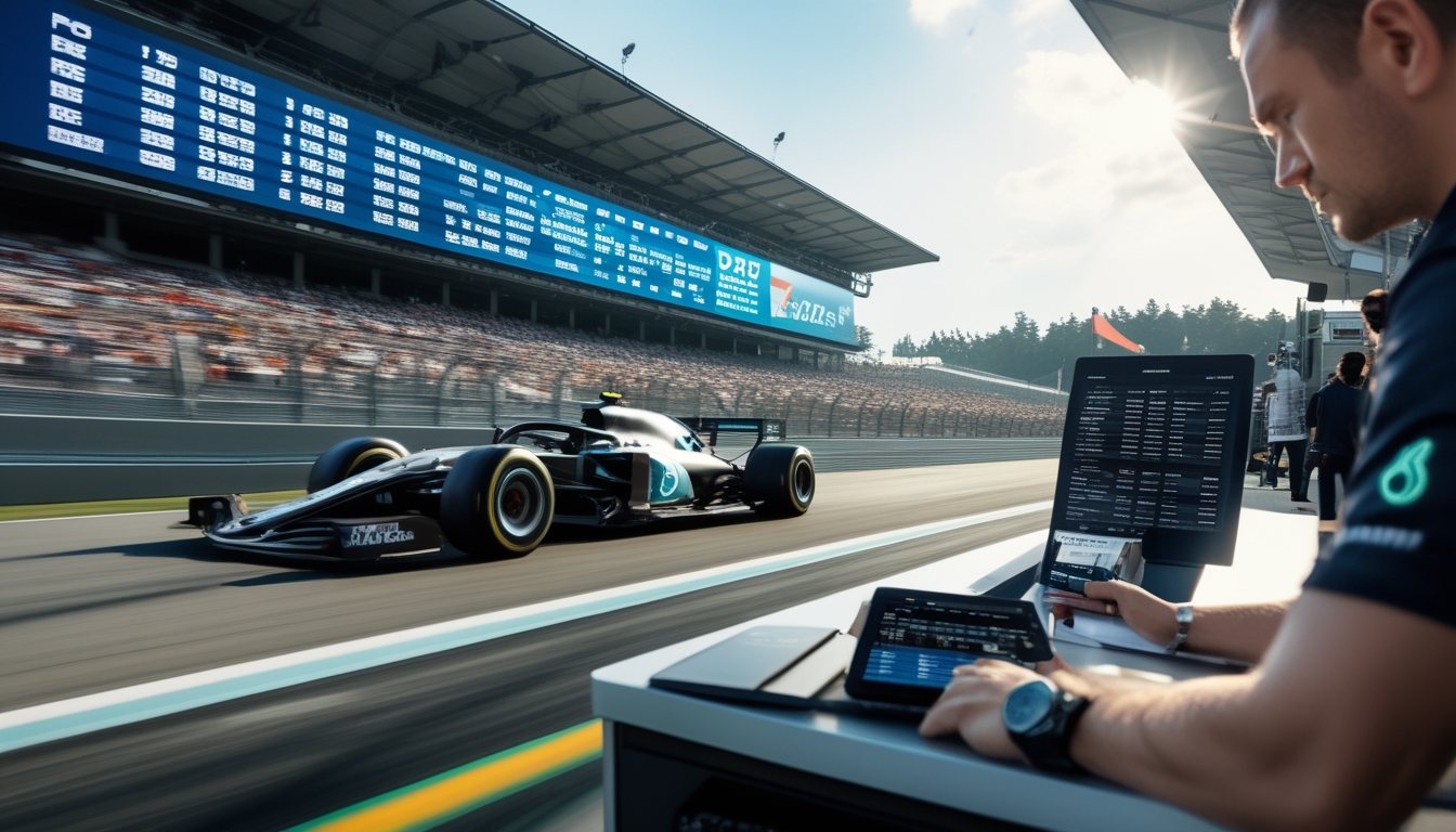 Mobil Formula 1 sedang melaju cepat di lintasan balap dengan papan skor digital dan penonton di tribun.