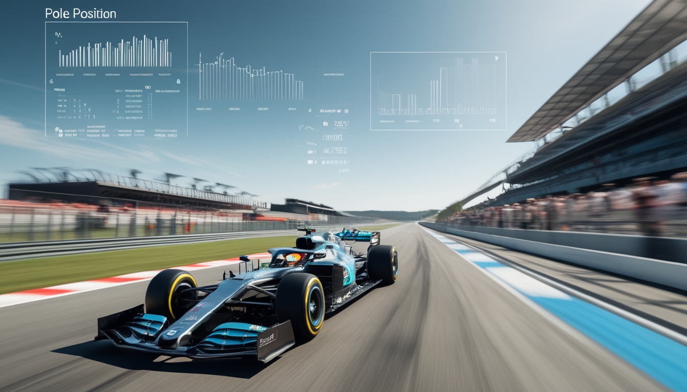 Mobil balap Formula 1 melaju cepat di lintasan dengan tribun penonton penuh di latar belakang.