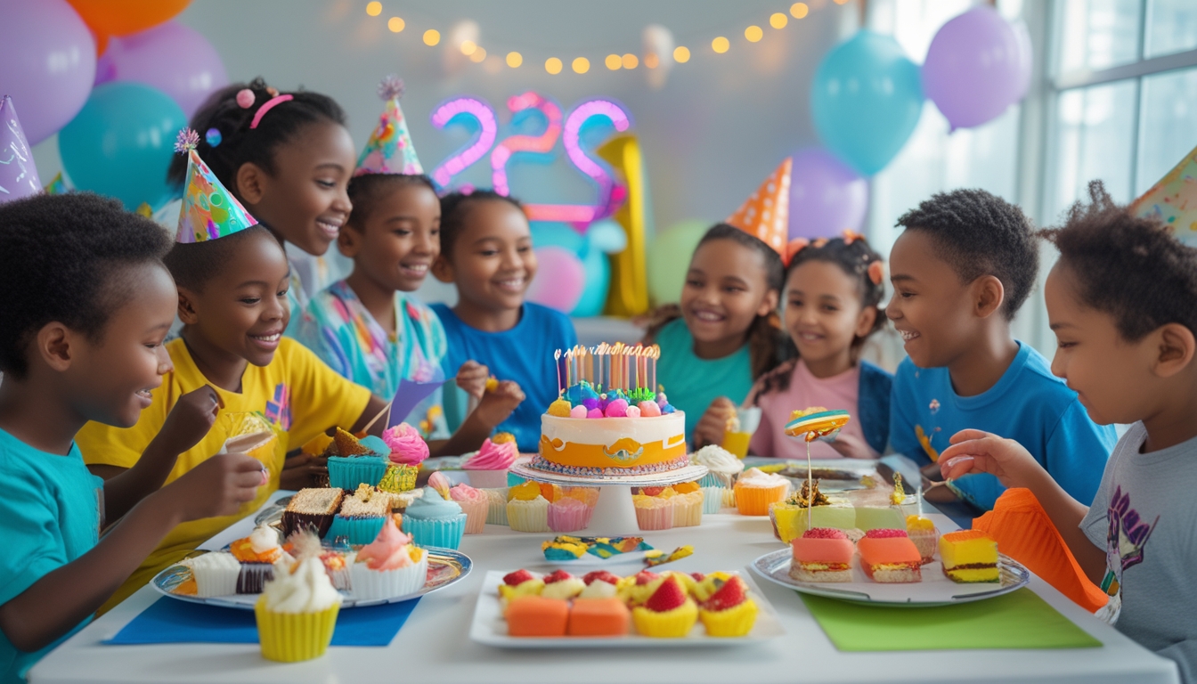 Anak-anak sedang merayakan ulang tahun dengan makanan warna-warni di meja pesta yang dihias dengan balon dan dekorasi cerah.